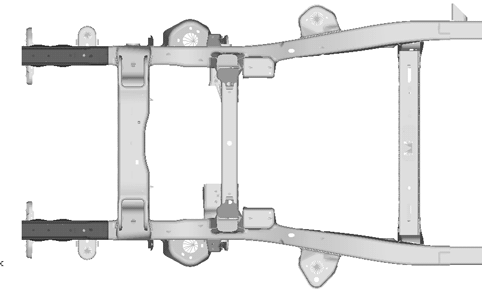 A computer simulation of the 2015 F-150's frame during an impact. The front crash horns are illustrated in dark grey. The second wider brace (on the right) was added this year to improve side impact protection.