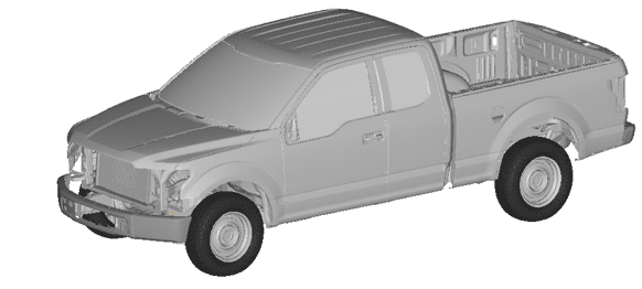 A computer simulation of the 2015 F-150 smashing into a wall. Notice how the passenger compartment is barely affected because the engine compartment absorbs the brunt of the collision.